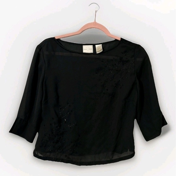 Liz Claiborne Emma James Black Beaded Sheer 3/4 Sleeve Top Size 4 Built in tank - Picture 1 of 5